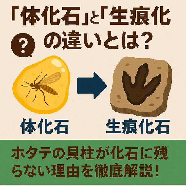 🦴「体化石」と「生痕化石」の違いとは？ホタテの貝柱が化石に残らない理由を徹底解説！
